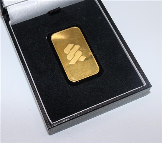 A .9999 gold ingot, 20 grams, cased